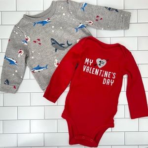 ❤️🦈 Baby’s 1st Valentine’s Day Red Onesie & Heart Shark Print Gray Sweatshirt